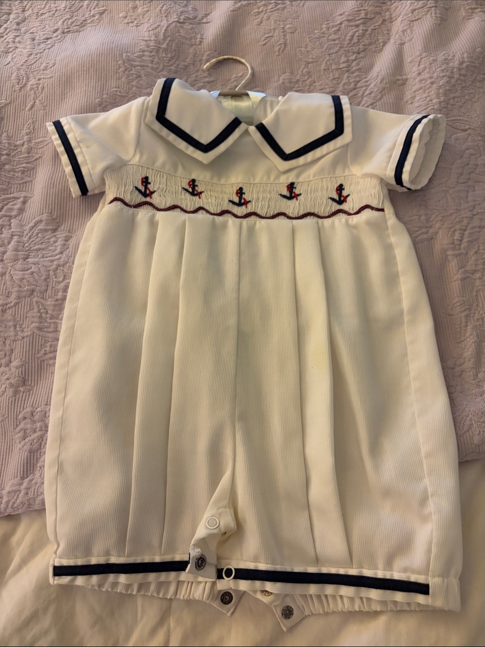 Carriage Boutique Sailor-Style Baby Romper with Anchor Smocking - White & Navy